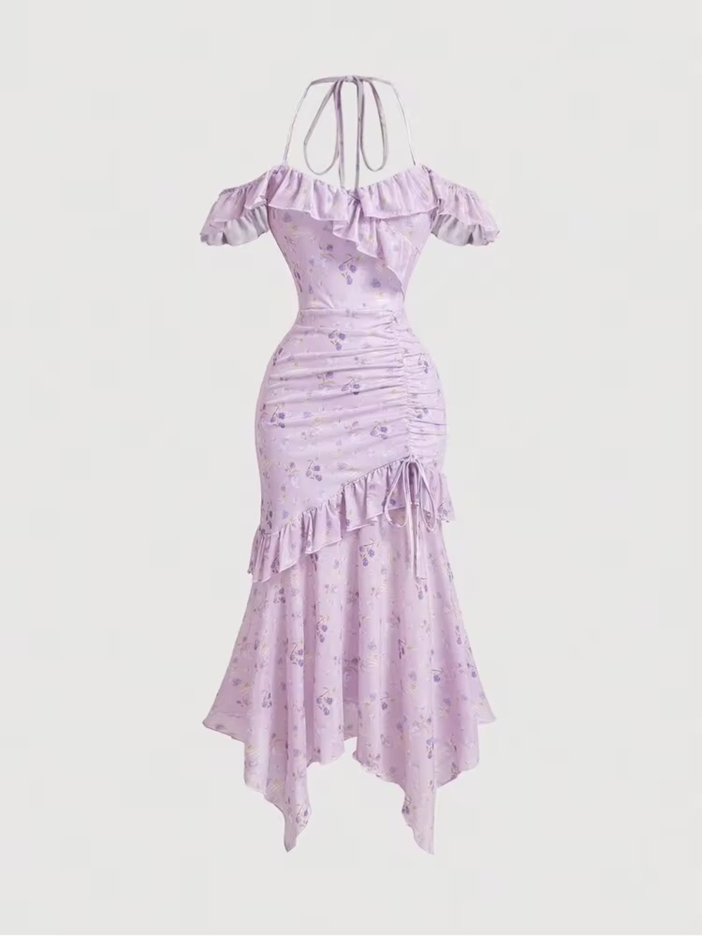 Off-Shoulder Lilac Ruffle Floral Halter Midi Dress